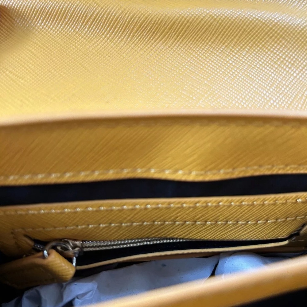ZARA FAUX LEATHER IN MUSTARD RECTANGULAR BAG WITH SCARF & GOLD TONE ACCENT, SZ S - Picture 6 of 6